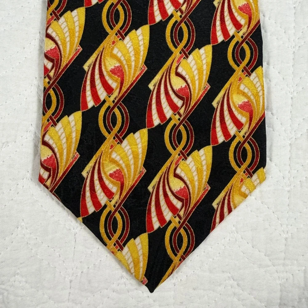 Enrico Guccini Silk Tie Mens XL Black Gold Red Art Deco Geometric 64